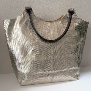 Neiman Marcus XL Gold Snakeskin embossed tote bag